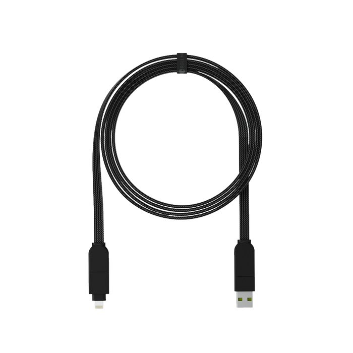 inCharge® X Max - 100W, 6in1 long cable - inCharge® X Max - 100W, 6in1 long cable - Lava Black - Lava black 6in1 multi-connector charging cable with USB and Lightning ends coiled neatly. - Rolling Square inCharge® X Max - 100W, 6in1 long cable - Lava Black - Lava black 6in1 multi-connector charging cable with USB and Lightning ends coiled neatly. - Rolling Square