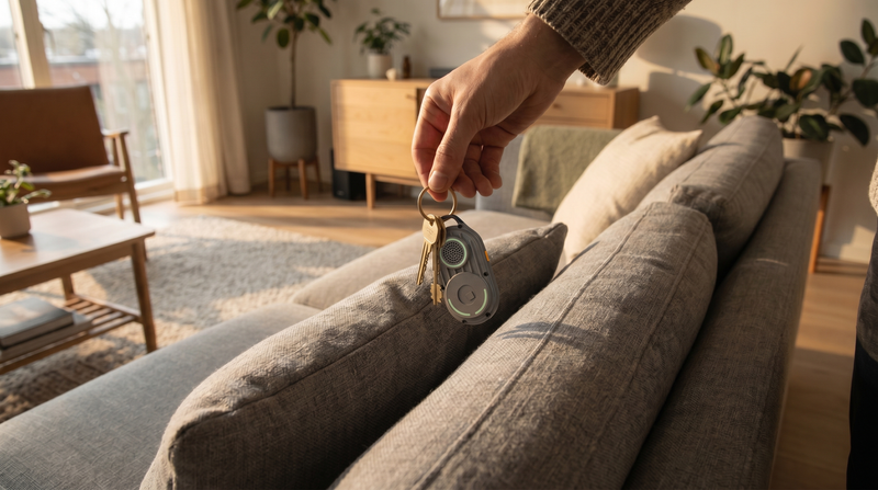 Hand lifting a keyring with keys and the Rolling Square AirNotch Pro Dual tracker from sofa cushions — How to Find Lost Keys guide cover