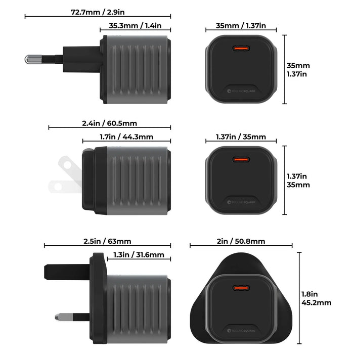 Compact black Supertiny 65W GaN charger with ribbed sides and orange USB-C port, shown with measurements for US, EU, and UK plug - Rolling Square