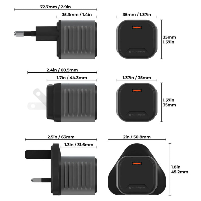 Compact black Supertiny 65W GaN charger with ribbed sides and orange USB-C port, shown with measurements for US, EU, and UK plug - Rolling Square