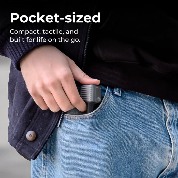 Hand inserting a pocket-sized Supertiny into a jeans pocket with text highlighting it's compact size.