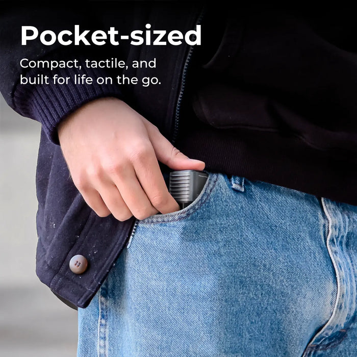 Hand inserting a pocket-sized Supertiny into a jeans pocket with text highlighting it's compact size.