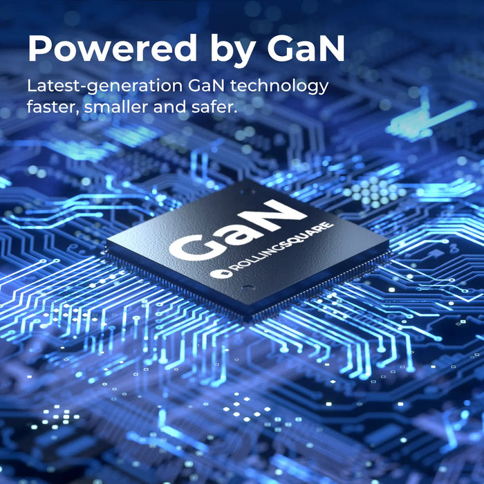 Benefit of using GaN technology - faster, smaller and safer; chip on a circuit board with 'RollingSquare' branding.
