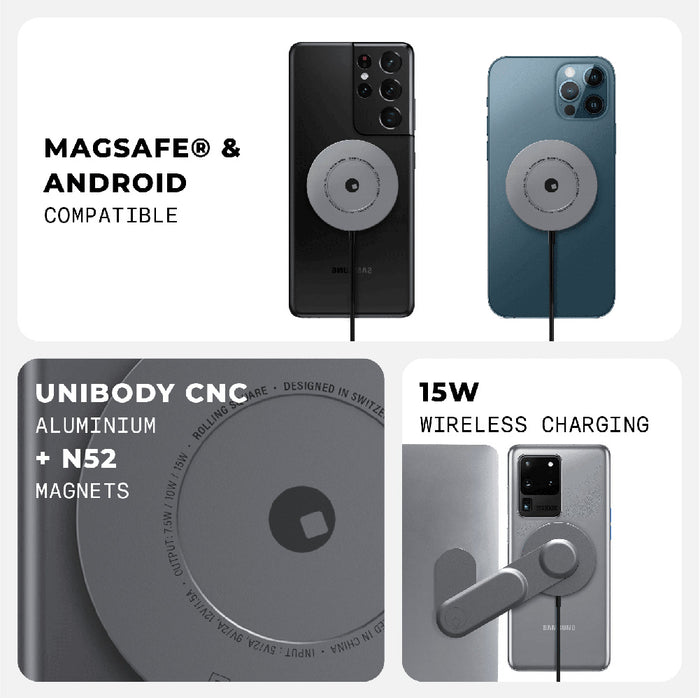 EDGE® Full Kit - Productivity magnetic kit - Carrara White - Magnetic wireless charging pad attached to black and blue smartphones with aluminum unibody design and 15W power output. - Rolling Square