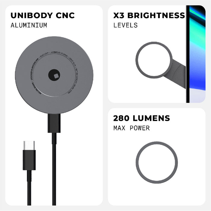 EDGE® Full Kit - Productivity magnetic kit - Carrara White - Sleek round aluminum magnetic light with USB-C cable, showing three brightness levels and 280 lumens max power. - Rolling Square