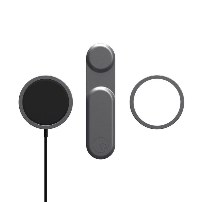 EDGE® Full Kit - Productivity magnetic kit - Carrara White - Sleek dark gray magnetic charger, rectangular magnetic holder, and matching circular metal ring arranged on white background. - Rolling Square