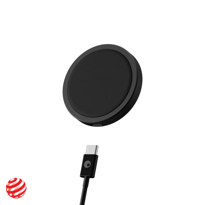 EDGE® Pro Wireless Charger - MagSafe charger, up to 15W - Hyperspace Black - Sleek black wireless charger pad with USB-C cable set against white background. - Rolling Square