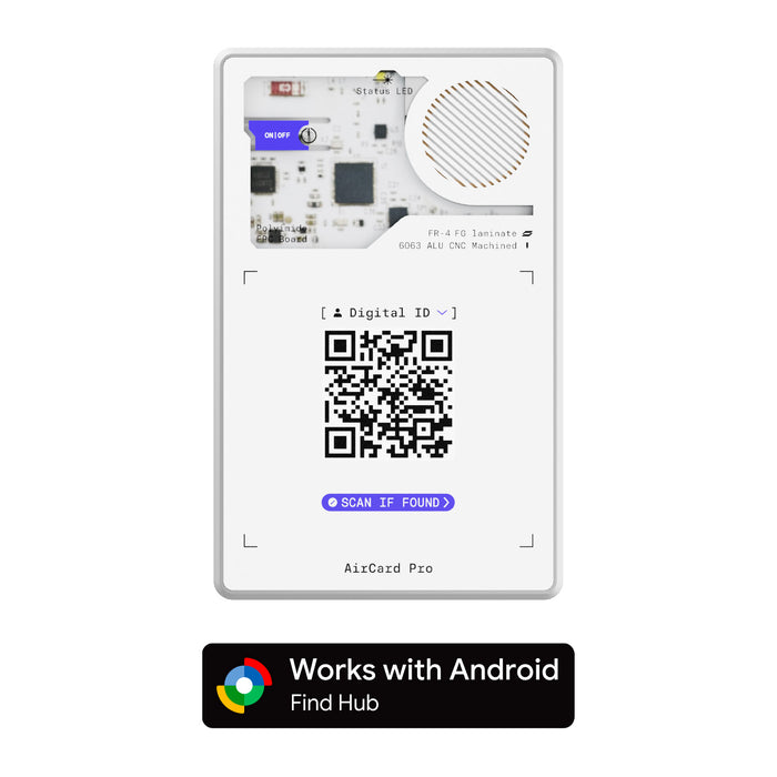 AirCard™ Pro - Android & Apple Bluetooth tracker - Black - Apple Network - White AirCard Pro Bluetooth tracker with speaker grill, circuit details, and QR code on front panel. - Rolling Square