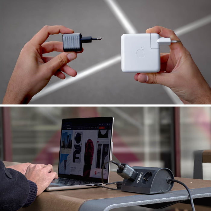 Supertiny 65W - 65W white USB-C charger and Supertiny EU plug adapter held in hands; laptop connected to charging station on desk. - Rolling Square