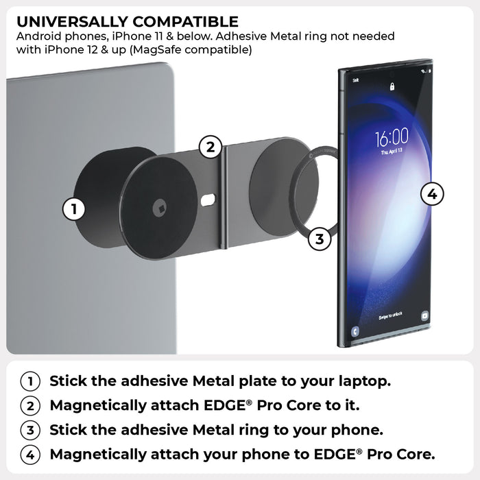 EDGE® Pro Full Kit - MagSafe modular kit - Hyperspace Black - Black EDGE Pro magnetic modular phone holder kit attached to a laptop and smartphone displaying a blue lock screen. - Rolling Square