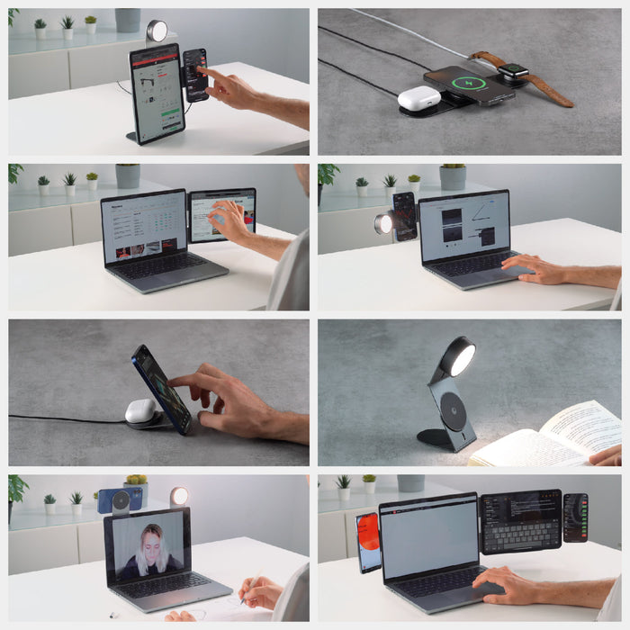 EDGE® Pro Full Kit - MagSafe modular kit - Hyperspace Black - MagSafe modular charging kit with smartphone, smartwatch, and tablet on gray surface, showing black and gray components. - Rolling Square
