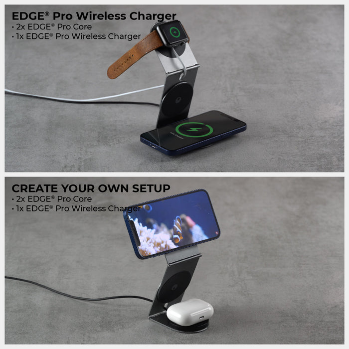 EDGE® Pro Full Kit - MagSafe modular kit - Hyperspace Black - Black MagSafe modular stand holding an Apple Watch with tan leather strap and wireless charger with phone on gray surface. - Rolling Square