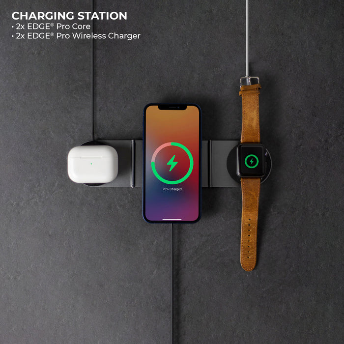 EDGE® Pro Full Kit - MagSafe modular kit - Hyperspace Black - MagSafe charging station with two white wireless earbuds, smartphone, and smartwatch on black surface. - Rolling Square