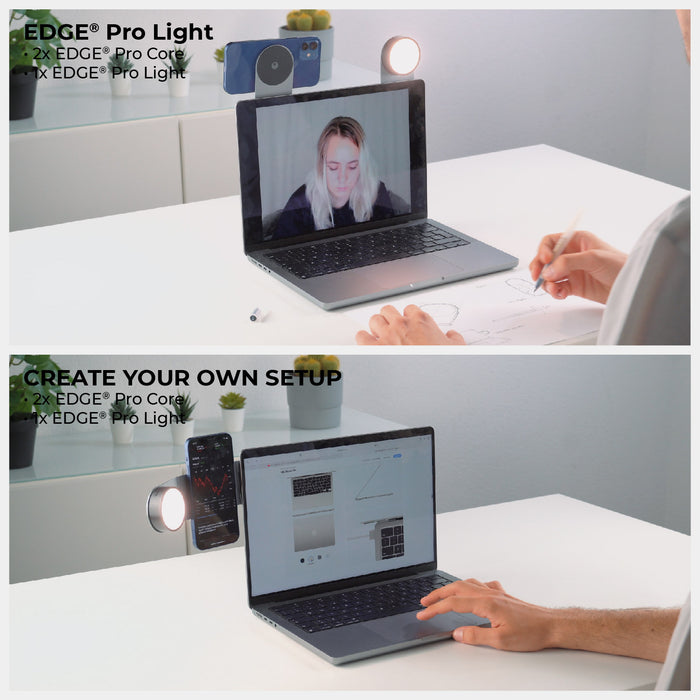 EDGE® Pro Full Kit - MagSafe modular kit - Hyperspace Black - Modular MagSafe LED light attached to laptop in hyperspace black with person using device on white desk. - Rolling Square