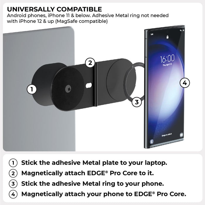 EDGE® Pro Core - MagSafe phone & tablet holder - Hyperspace Black - MagSafe phone holder with adhesive metal plates attaching phone to laptop in black and gray variants. - Rolling Square