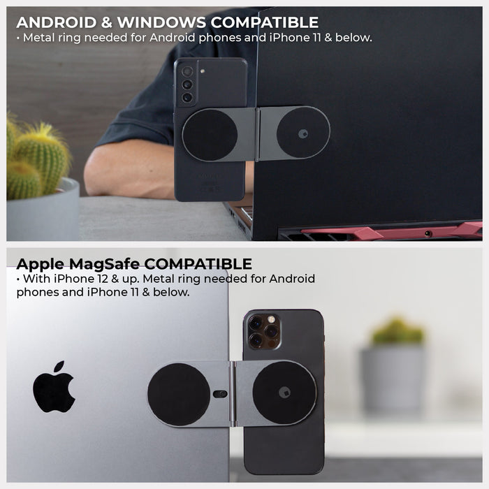 EDGE® Pro Tablet kit - MagSafe phone & tablet holder - Hyperspace Black - Black EDGE Pro Tablet kit holding a tablet and an iPhone with MagSafe compatibility on a desk. - Rolling Square