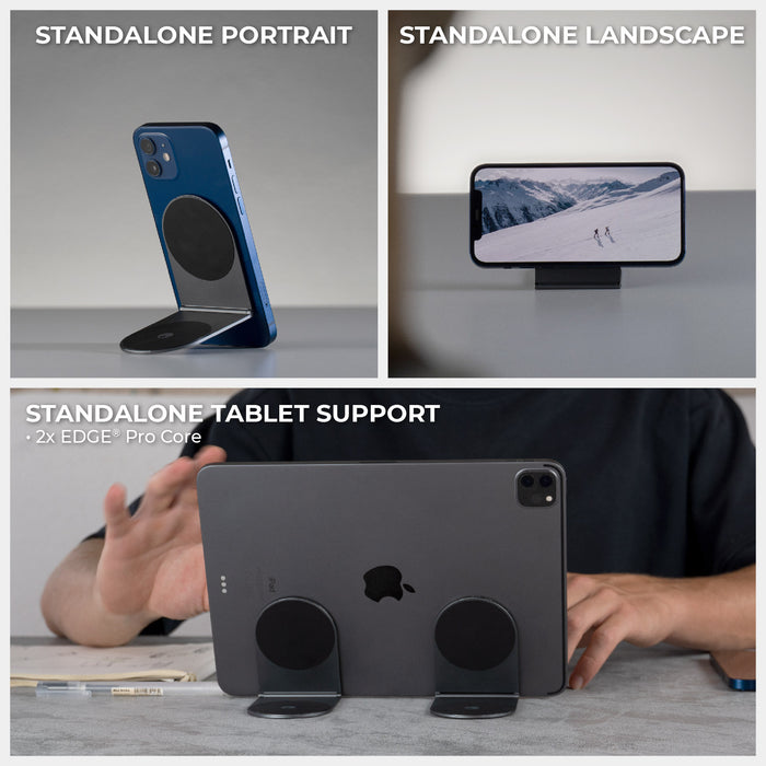 EDGE® Pro Tablet kit - MagSafe phone & tablet holder - Hyperspace Black - MagSafe black EDGE Pro stand holding a blue phone vertically and horizontally, plus tablet support holding a large gray. - Rolling Square