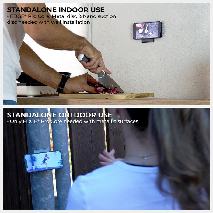 EDGE® Pro Tablet kit - MagSafe phone & tablet holder - Hyperspace Black - Black EDGE Pro Tablet Kit with MagSafe holder mounted on wall indoors and outdoors displaying phone in use. - Rolling Square