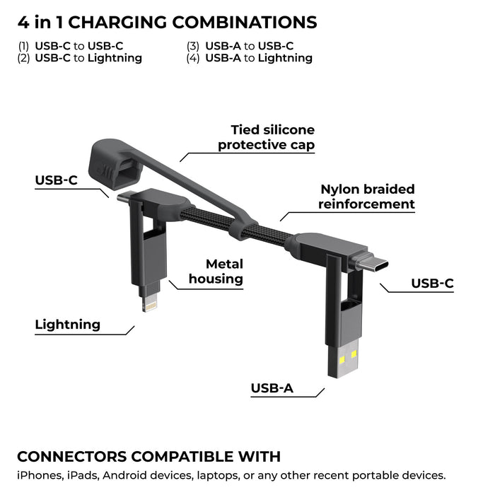 inCharge® XS - 240W, 4in1 keyring cable - Lanzarote Gray - Compact gray inCharge XS keyring cable with USB-C, Lightning, and USB-A connectors, nylon braided and metal housing. - Rolling Square