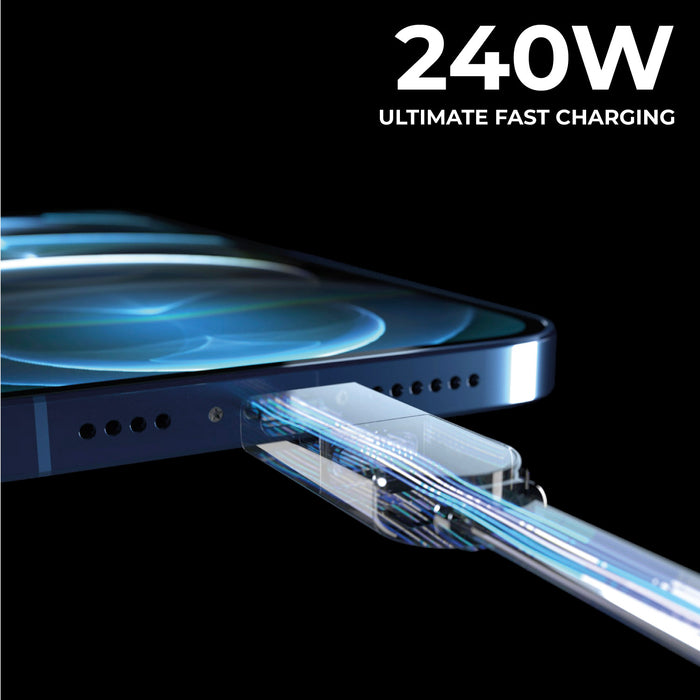 inCharge® XS - 240W, 4in1 keyring cable - Lanzarote Gray - Transparent fast-charging USB-C to Lightning keyring cable plugged into blue smartphone port. - Rolling Square