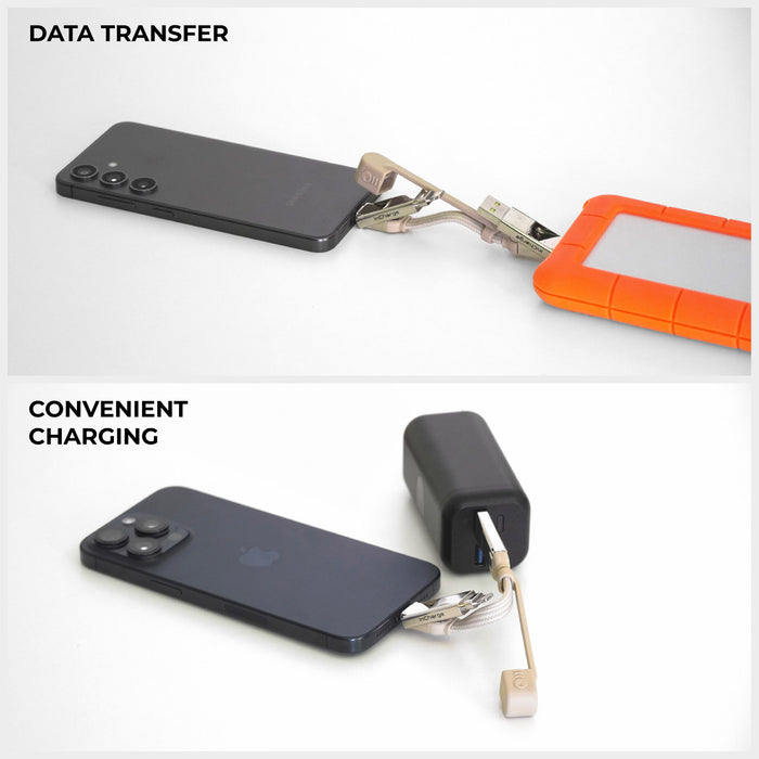 inCharge® XS - 240W, 4in1 keyring cable - Lanzarote Gray - Compact keyring charging cable in Lanzarote Gray, connected to smartphone and power adapter, with Sahara Beige and Atacama. - Rolling Square