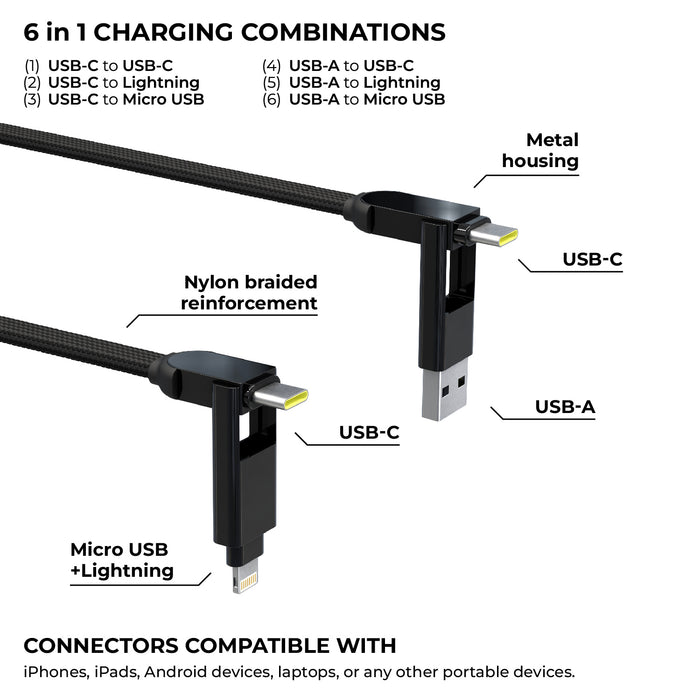 inCharge® XL 2m / 6.6ft - 100W, 6in1 super long cable - Rolling Square