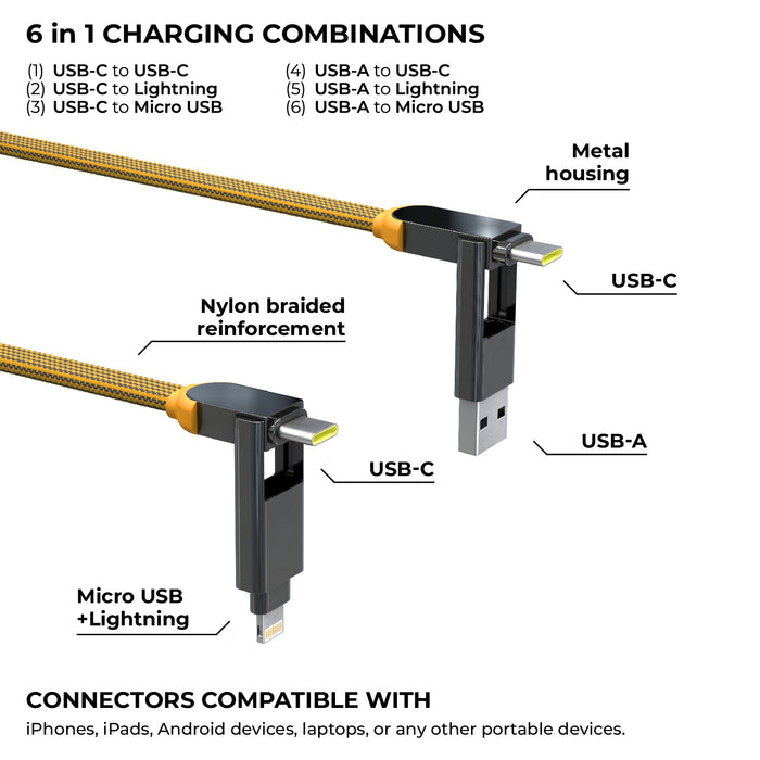 inCharge® XL 2m / 6.6ft - 100W, 6in1 super long cable - Rolling Square