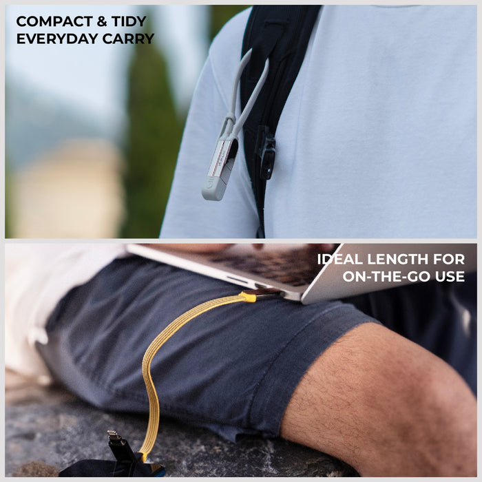 inCharge® XL 30cm / 1ft - 100W, 6in1 travel cable - Urban Black - Compact black travel charging cable clipped to backpack strap and coiled yellow charging cable resting on leg outdoors. - Rolling Square