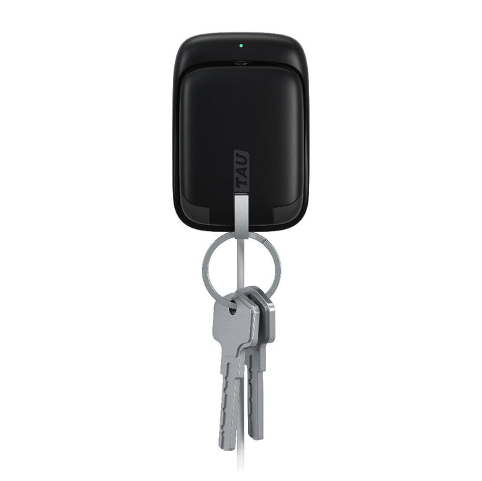 TAU® - Always-charged power bank - Charcoal Black - Compact black power bank with smooth matte finish and attached keyring holding three silver keys. - Rolling Square