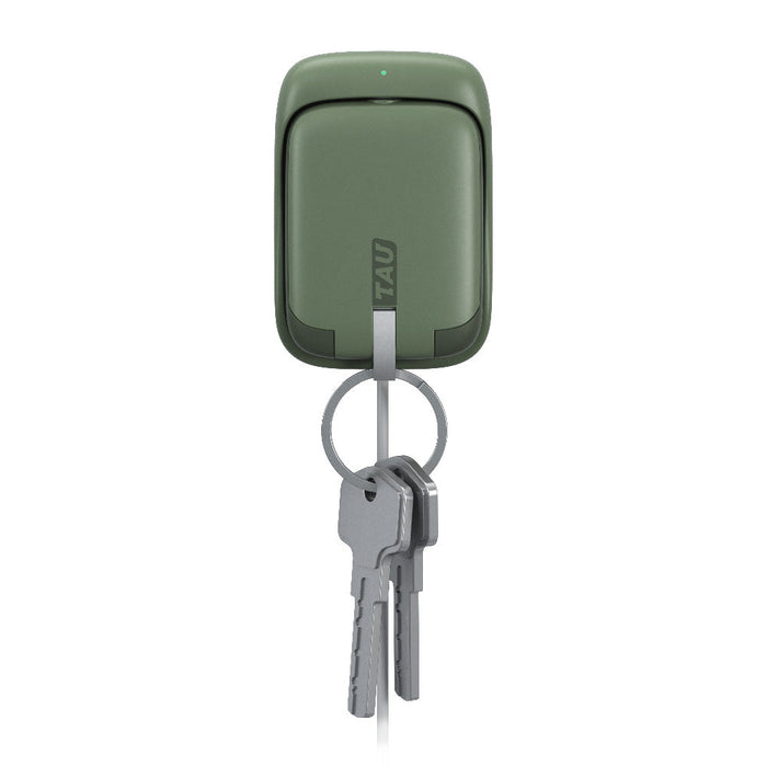 TAU® - Always-charged power bank - Charcoal Black - Agave green compact TAU power bank with attached metal keyring holding three keys. - Rolling Square