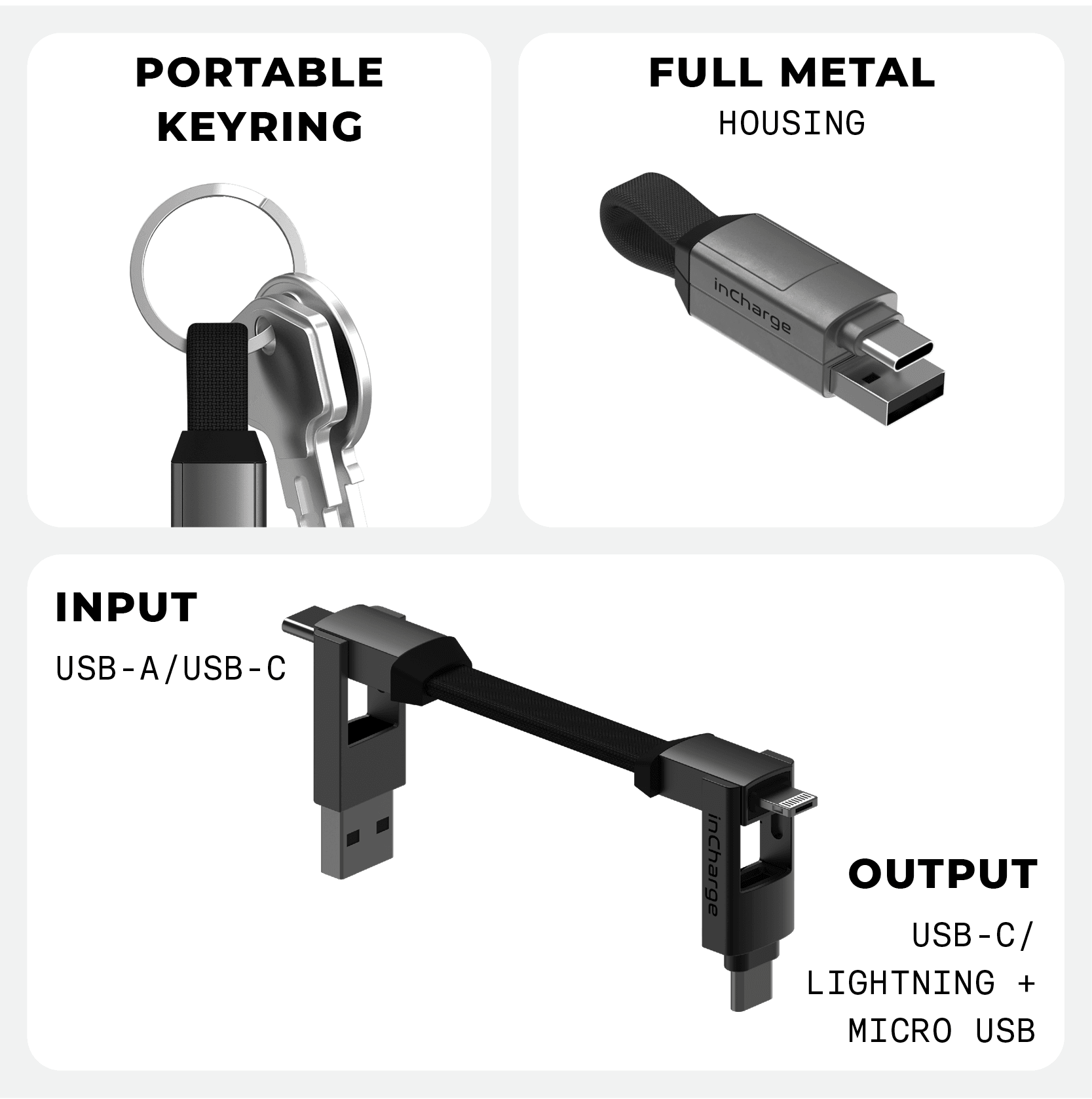 Rolling Square inCharge® 6 | Keyring multi charging cable | 6 different | Data transfer & 15W charging