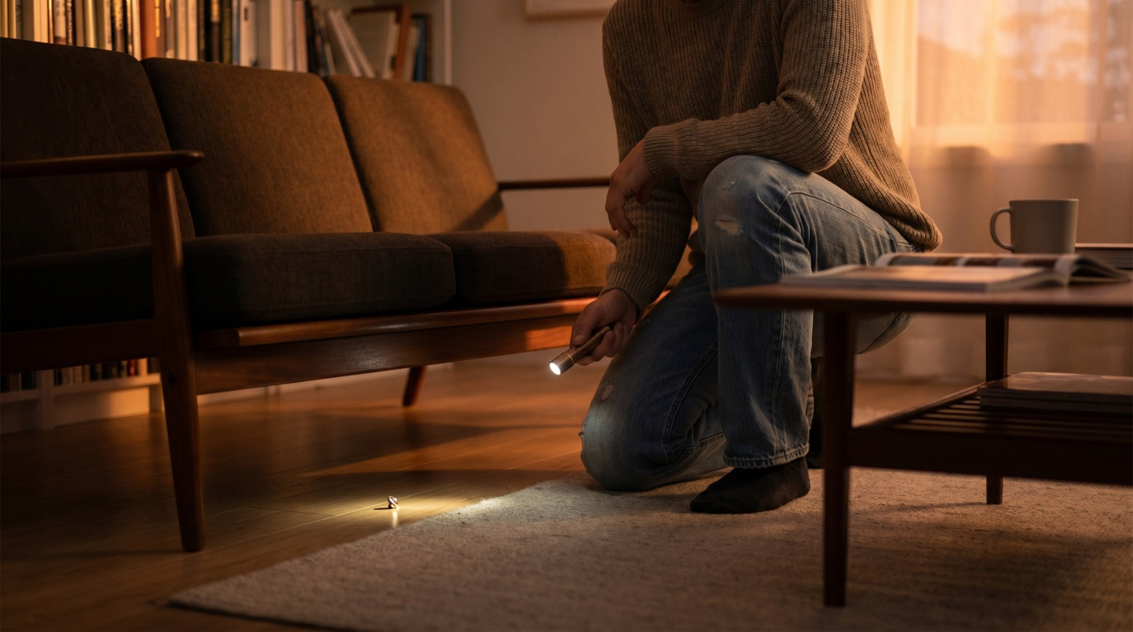 Person searching for lost keys under a sofa with a flashlight, the beam catching a metallic glint — zone searching technique