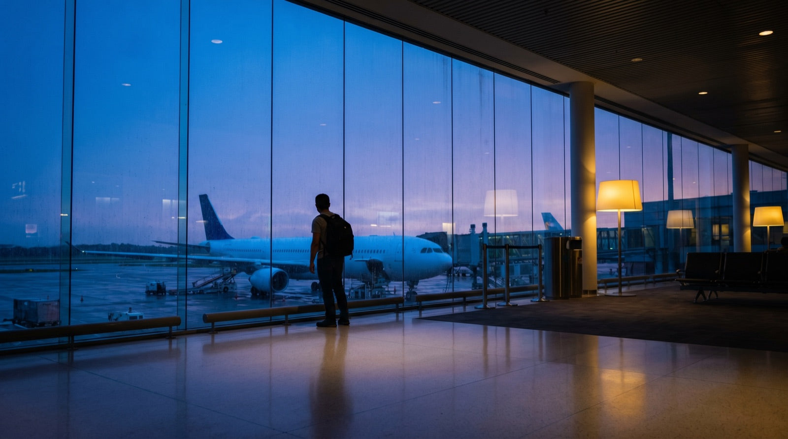 A traveler at an airport window at blue hour — the calm of knowing exactly where every cable is