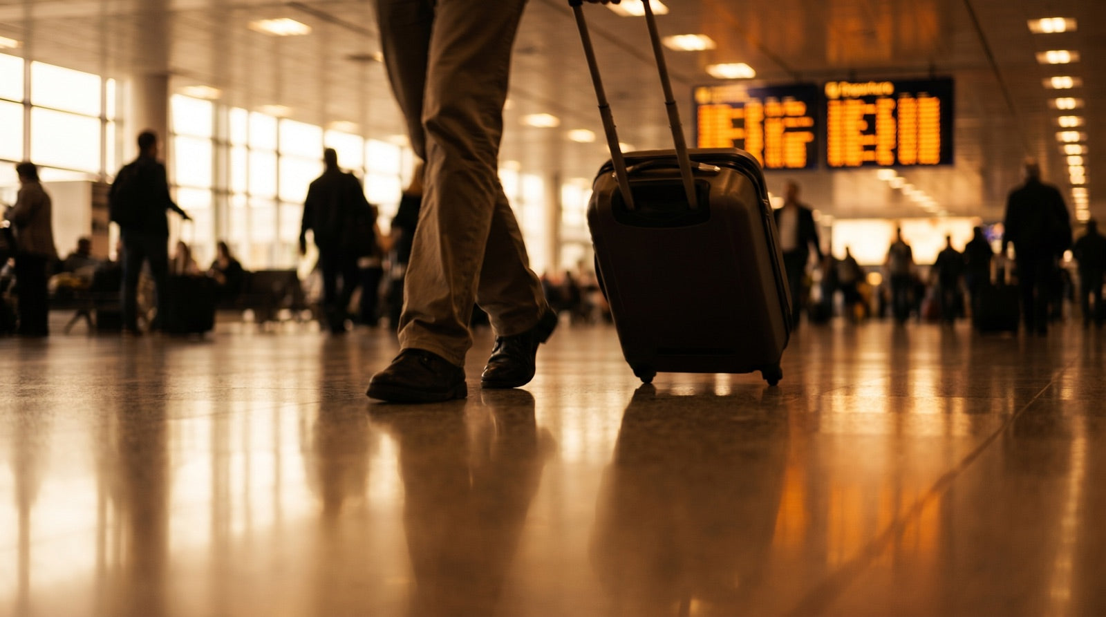 Traveler walking through an airport terminal with a rolling carry-on — the cost of an overpacked tech pouch