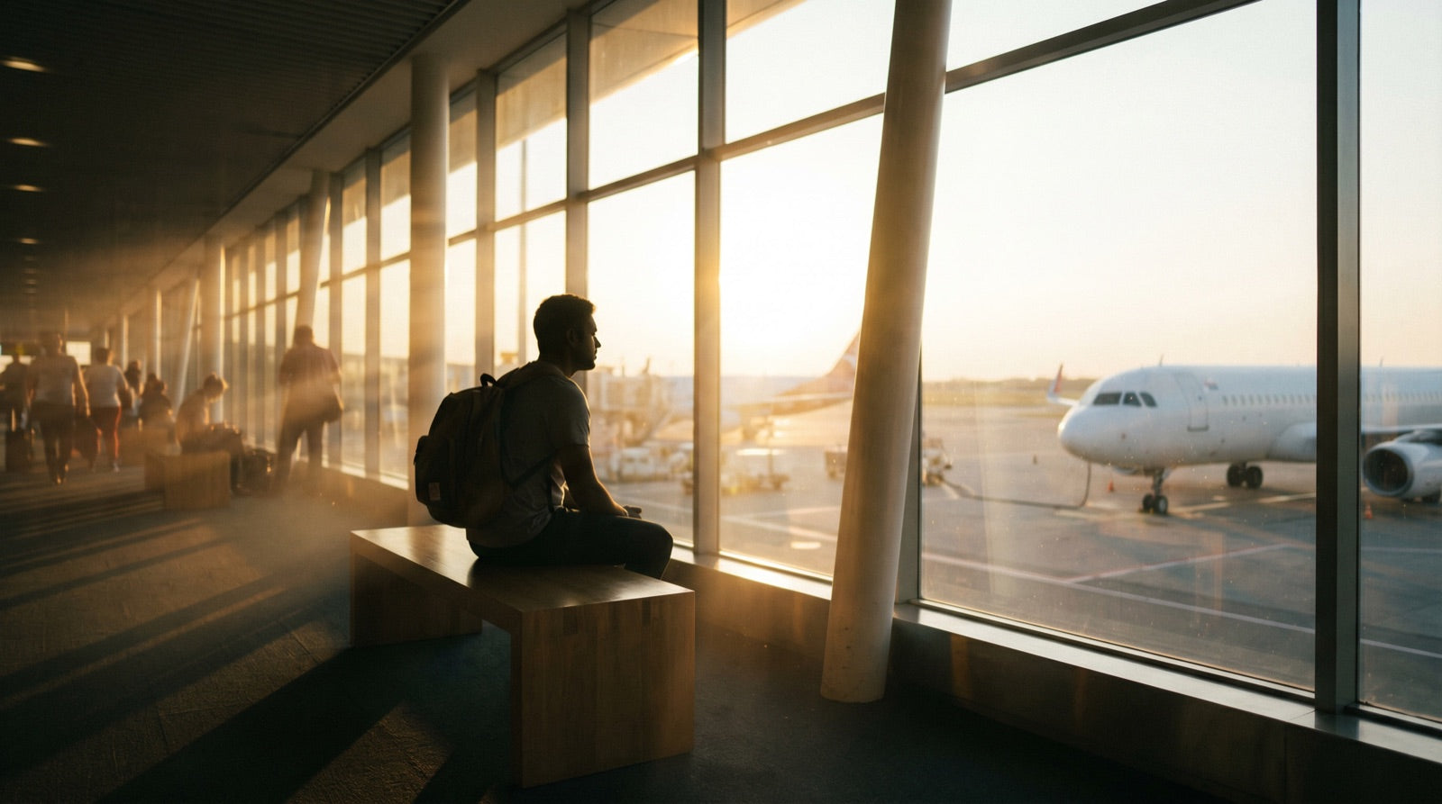 Traveler at an airport boarding gate at sunset — the moment a well-packed tech pouch pays off