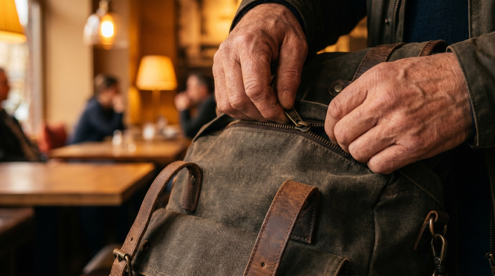Hands zipping a worn canvas travel backpack in a warm café — the payoff of a genuinely small travel tech kit